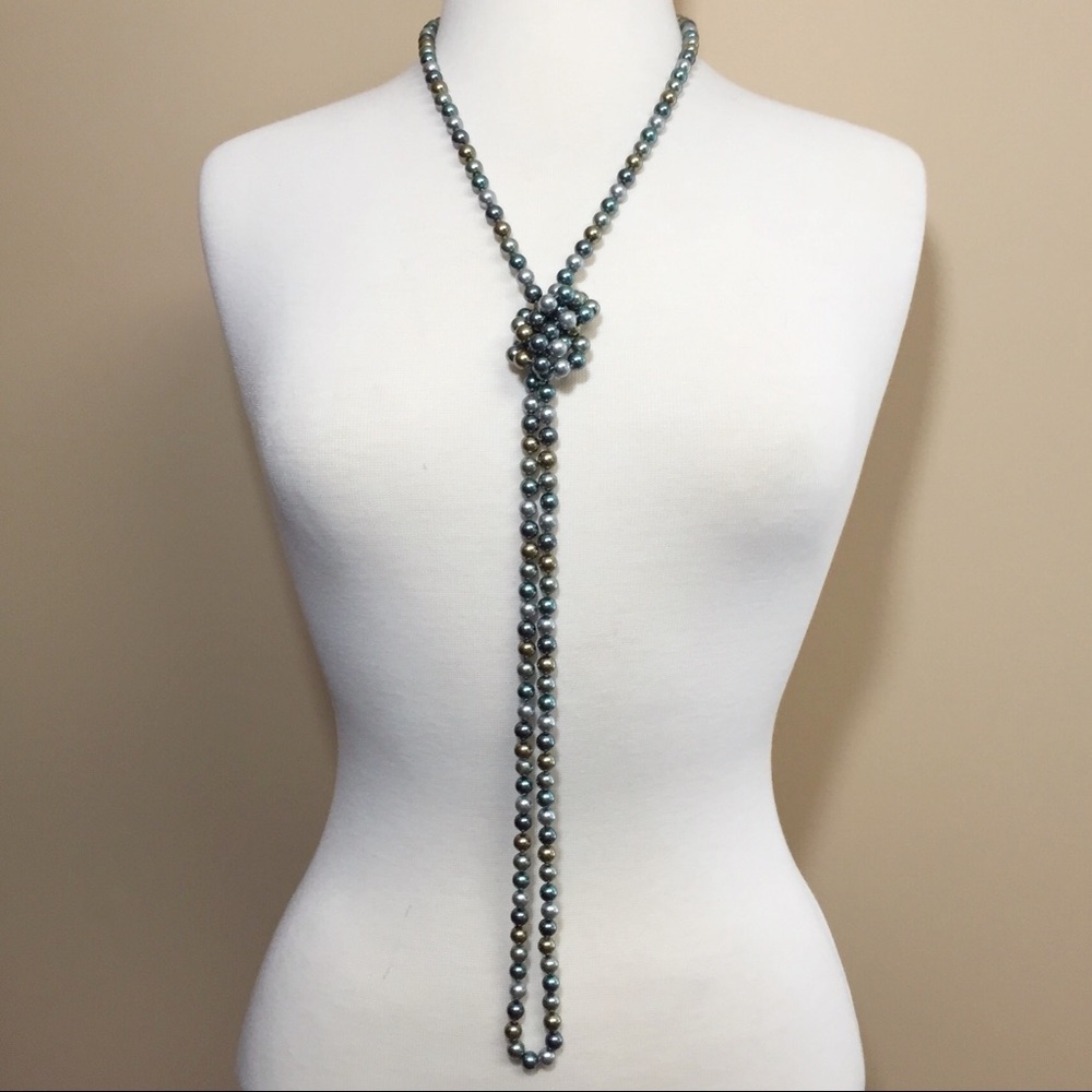 Super Long Grey Tones Glass Pearl Necklace - Picture 4 of 7